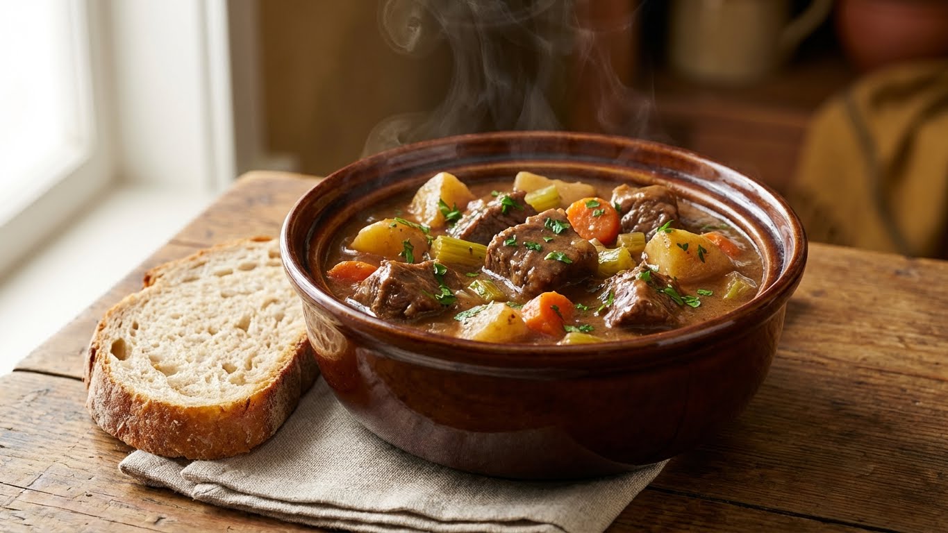 Classic beef stew with tender meat and vegetables in rich gravy