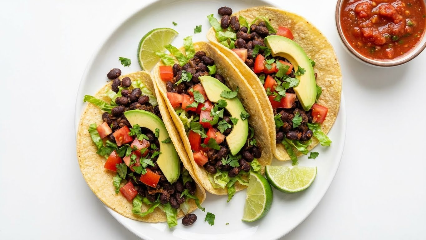 Black bean tacos with fresh toppings and lime wedges