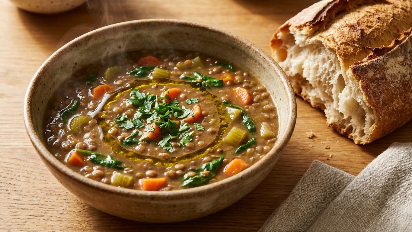 Hearty vegan lentil soup in a bowl with crusty bread