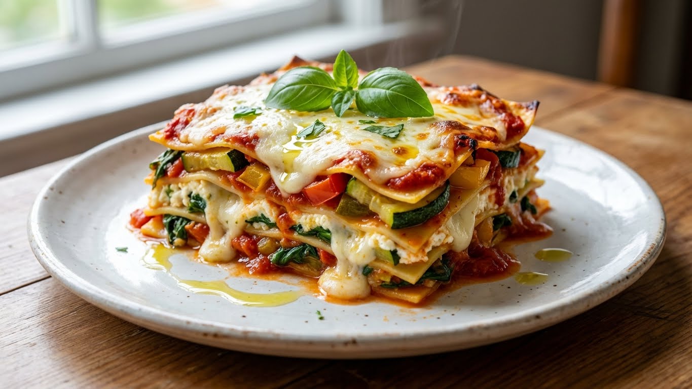 Classic vegetarian lasagna with layers of cheese and vegetables